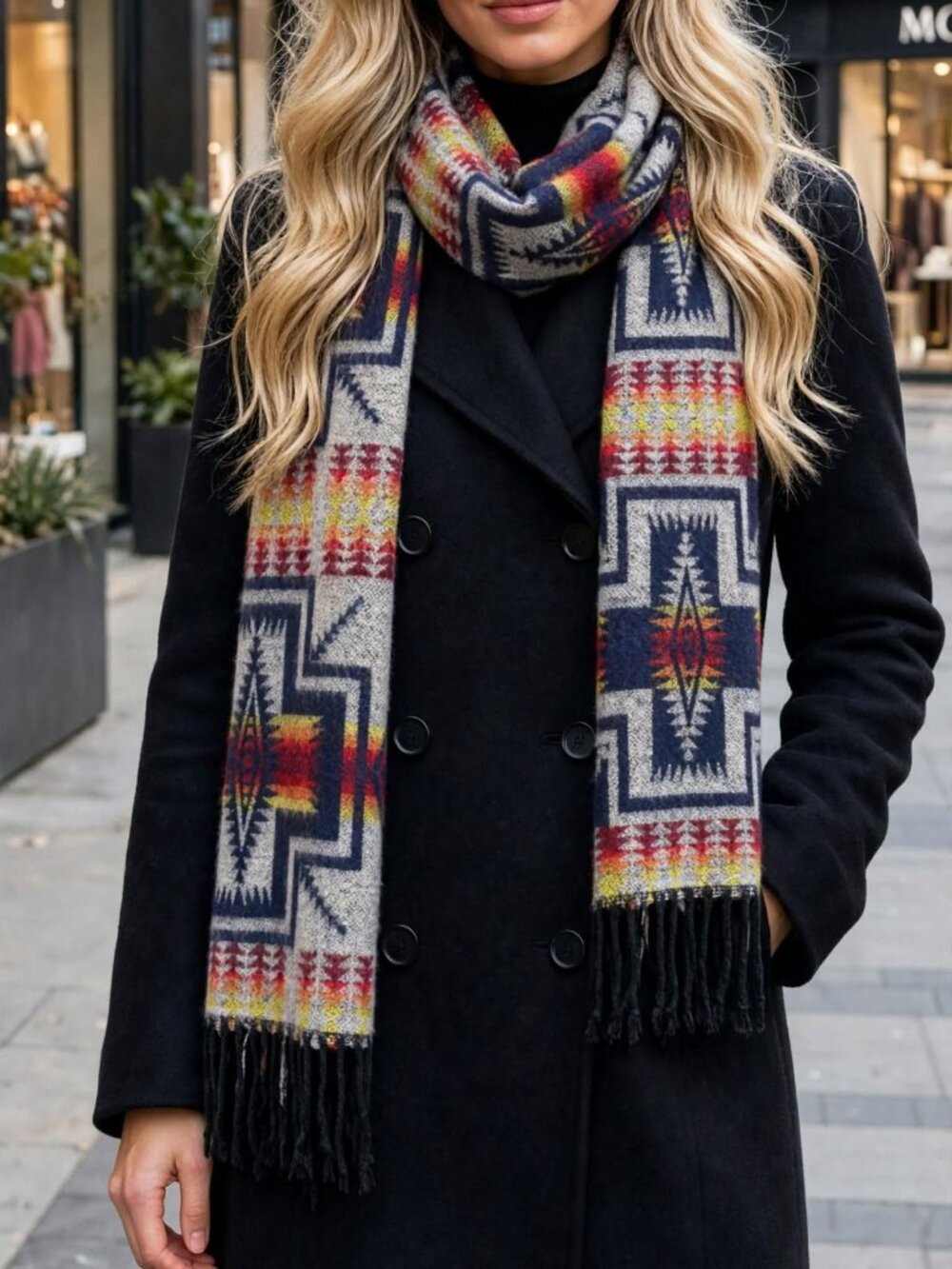 Southwestern Pattern Scarf - Navy, Cream & Multicolor